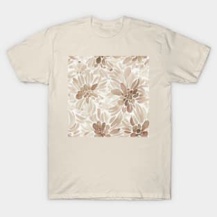 Brown monochrome abstract floral pattern on white T-Shirt